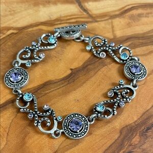 Ornate Silver Bracelet with Purple and Blue Accents
